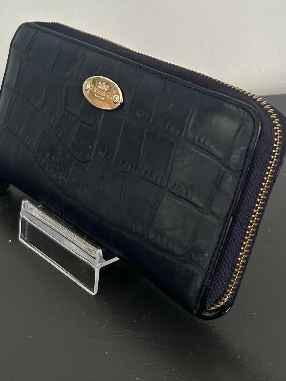 Coach Navy Croc Embossed Leather Zip Around Continental Wallet